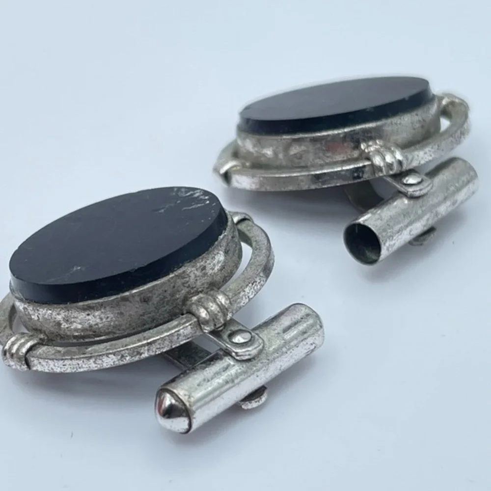 Vintage 80s Black Onyx Cufflinks Silver Tone Round Art Deco‎ Swivel Jewelry